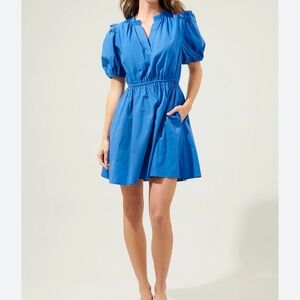 Finley SZ XS Blue Puff‎ Sleeve cotton ruched waist mini dress